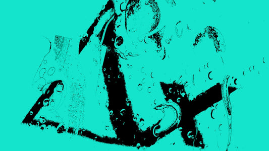 Black shapes and letters against a teal background.